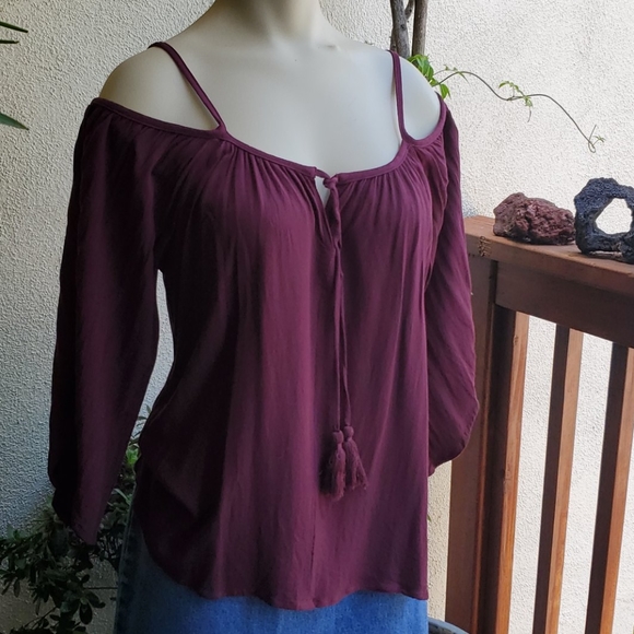 Socialite peasant off the shoulder blouse, top wine color top - Picture 2 of 5